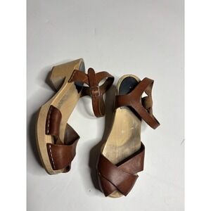 Swedish Hasbeens Chunky Heeled Clog Sandal Tan Leather Woman's EU 38 US 7.5 EUC